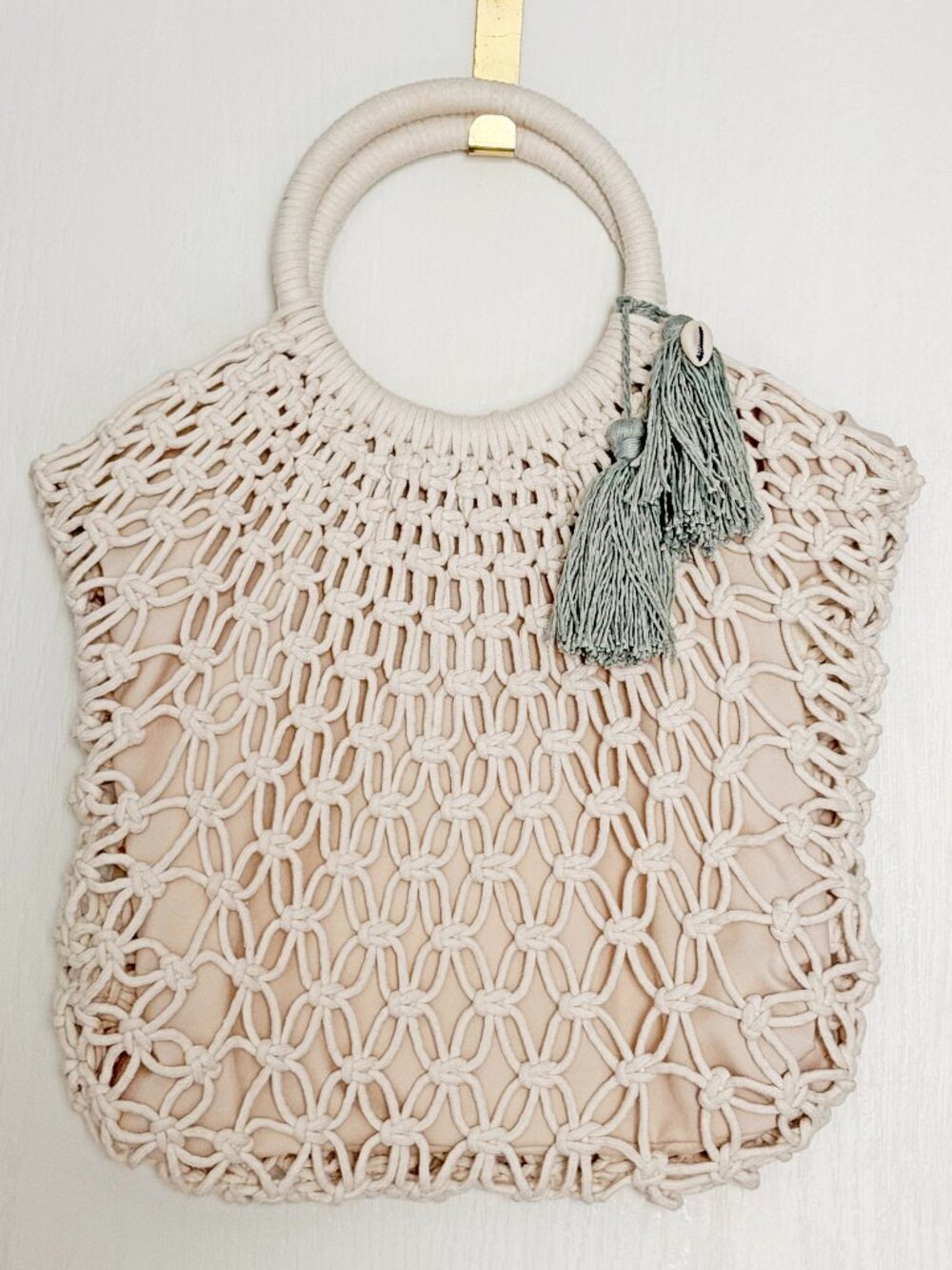 A New Day Macrame Ring Handle Tote Bag Cream Neutral Boho Summer Beach Tassel